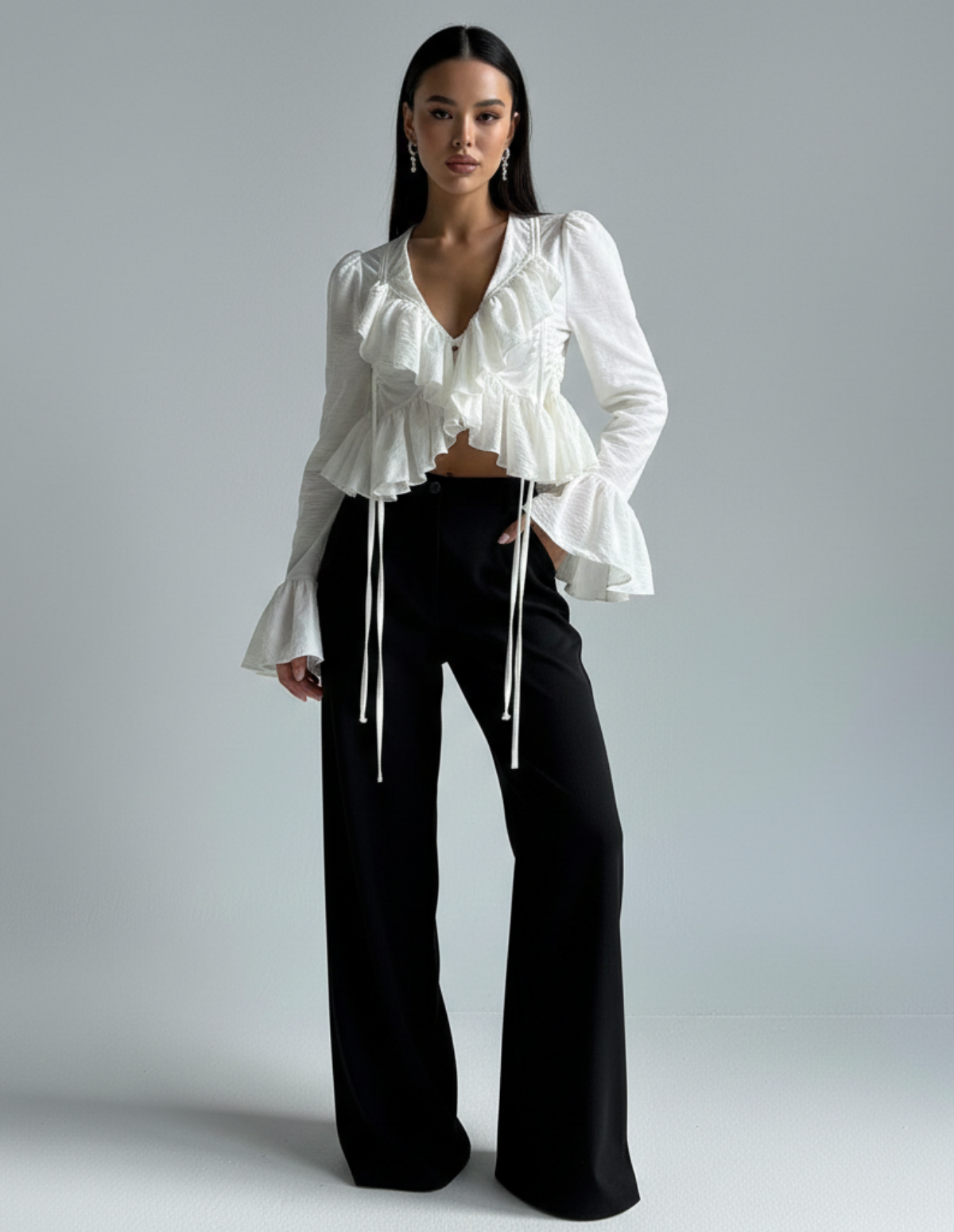 Ruffle Bell Sleeve Lace-Up Blouse