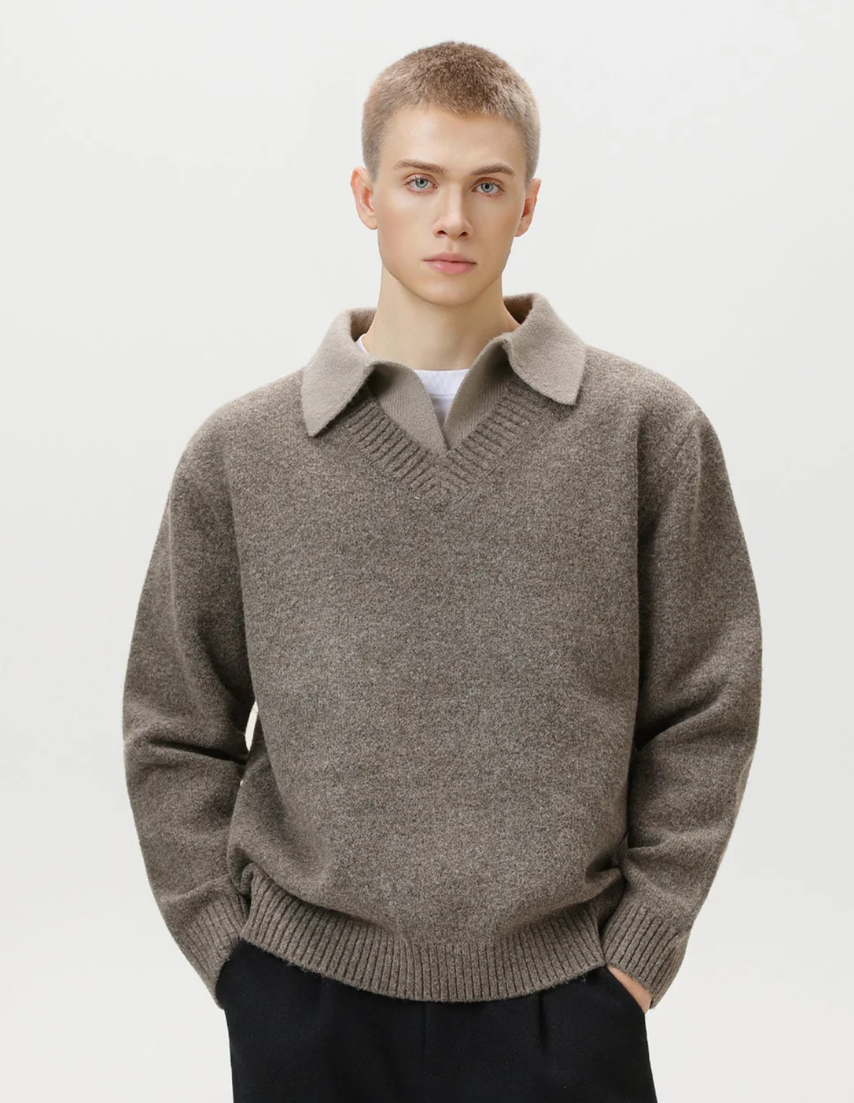 Wool Blend Collar V-Neck Knit Sweater