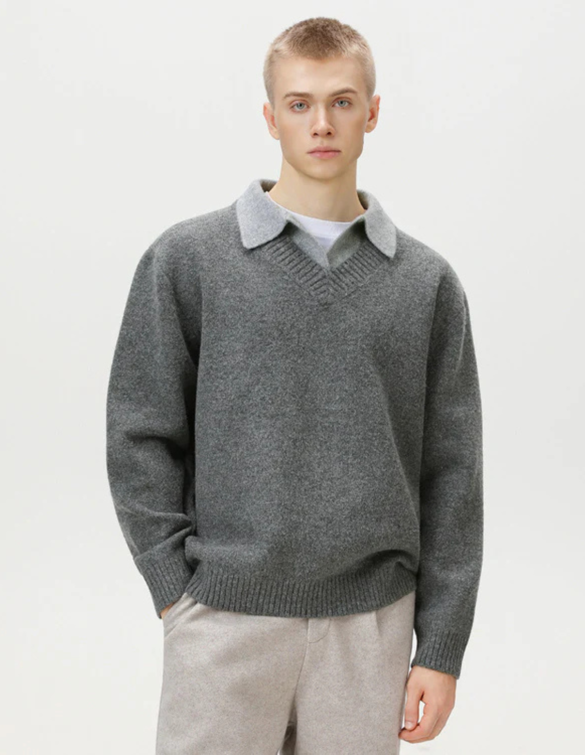 Wool Blend Collar V-Neck Knit Sweater