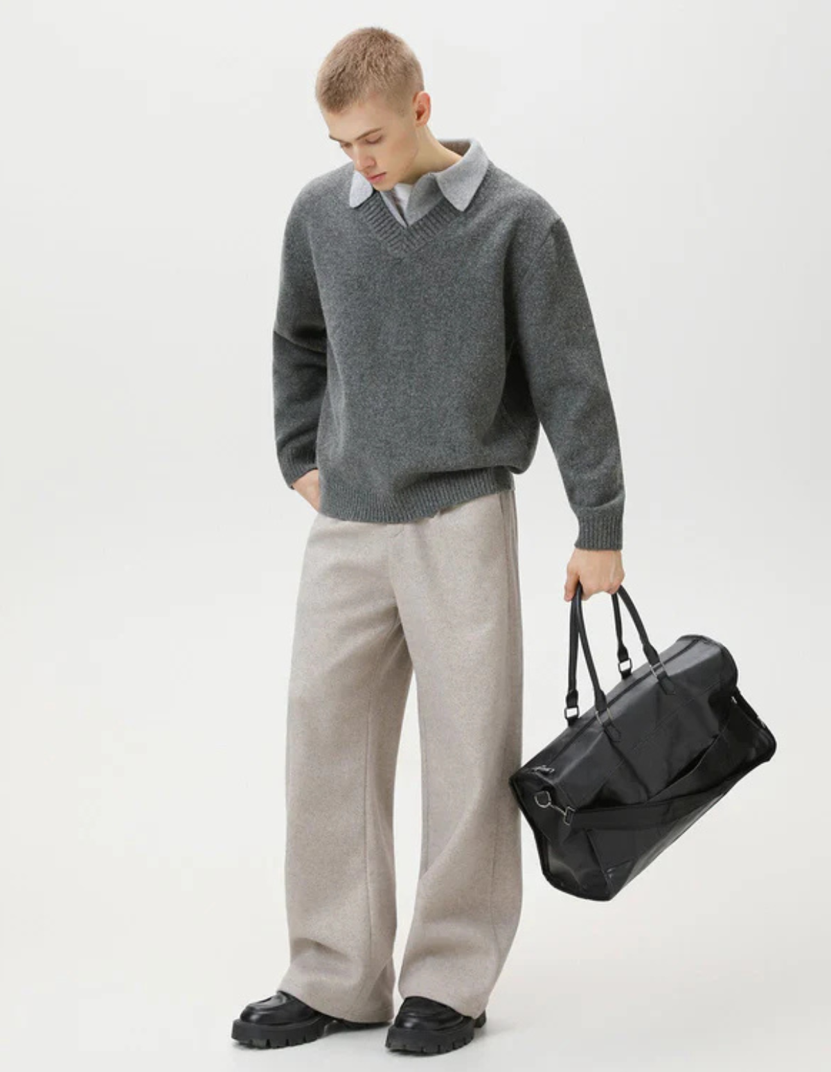 Wool Blend Collar V-Neck Knit Sweater