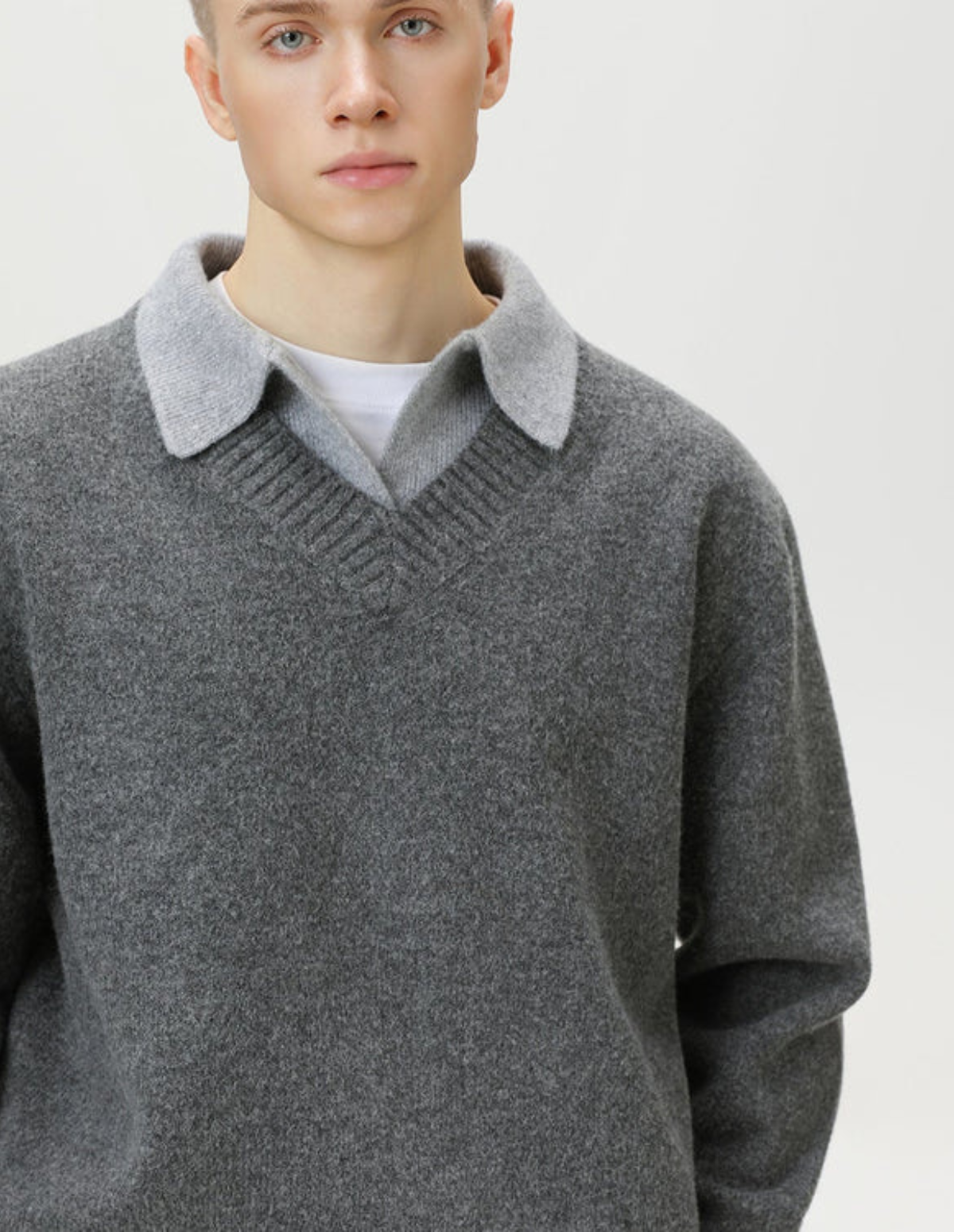 Wool Blend Collar V-Neck Knit Sweater