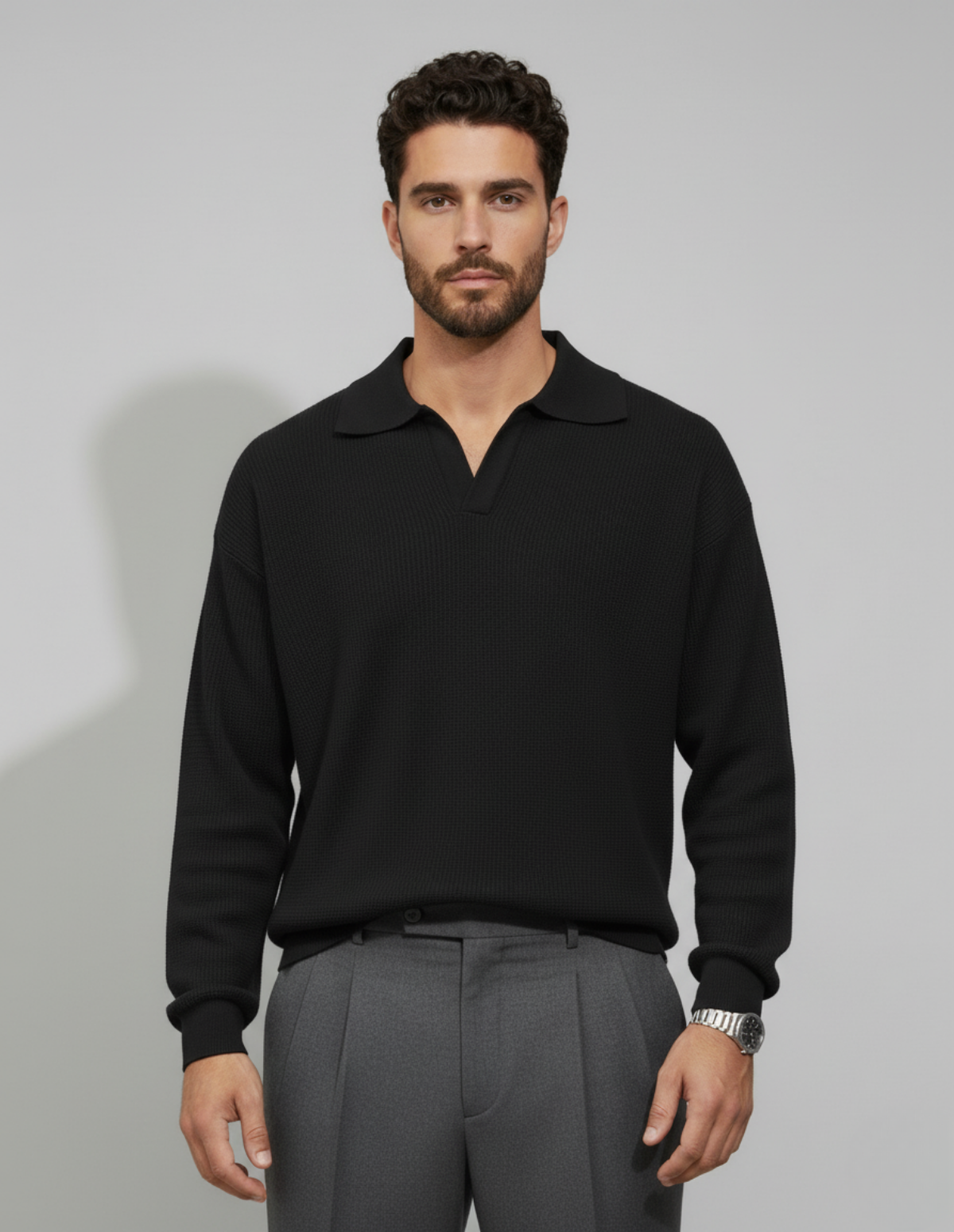 John's Knitted V-Neck Polo Sweater