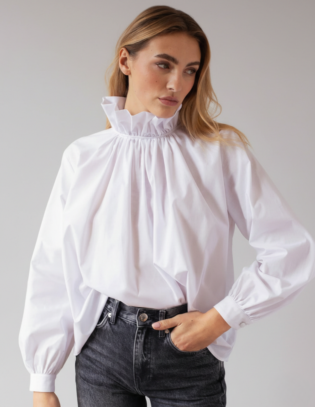 The Pleated Stand-Collar Cotton Top