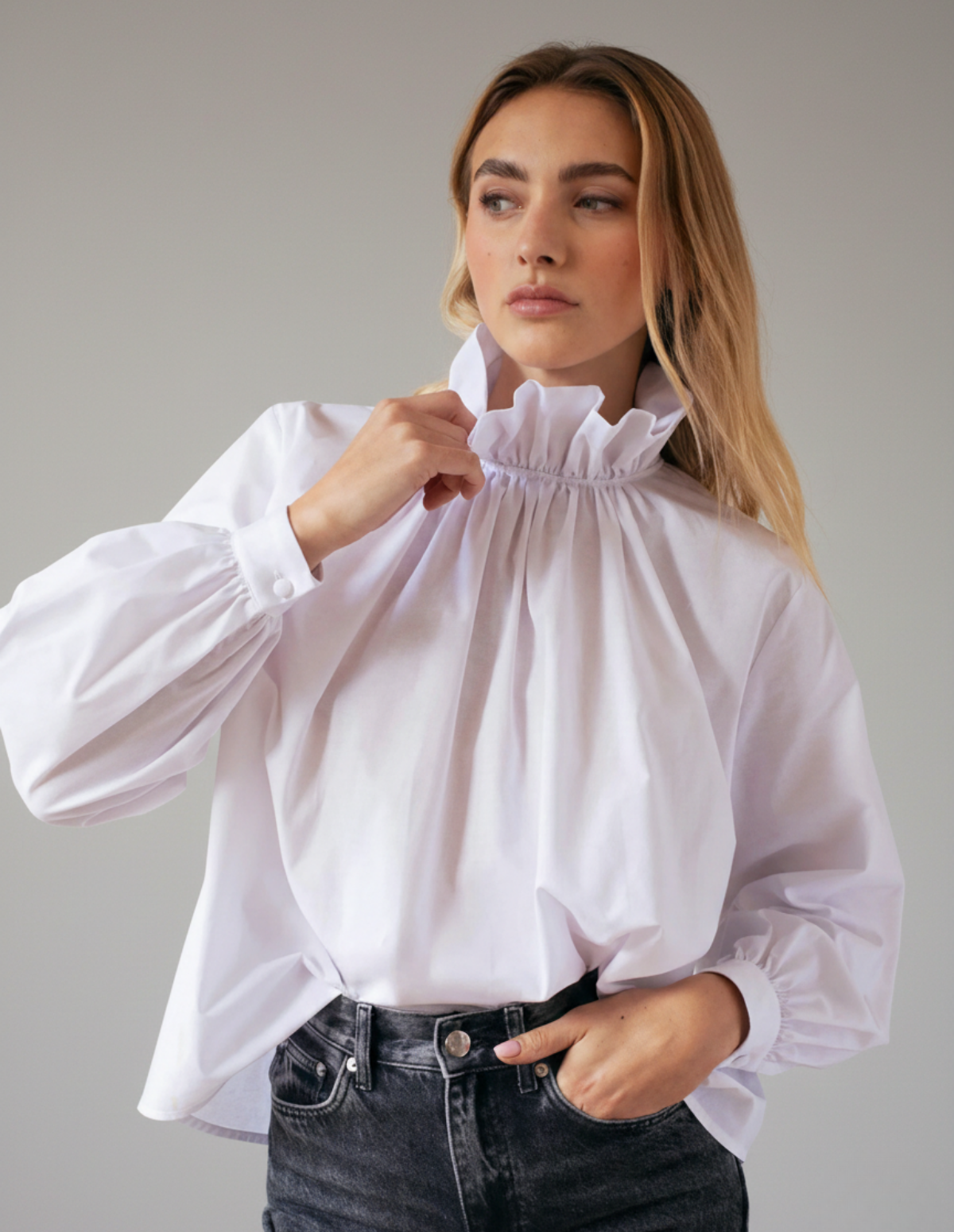 The Pleated Stand-Collar Cotton Top