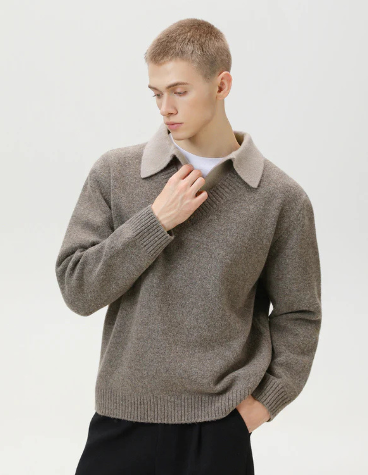Wool Blend Collar V-Neck Knit Sweater